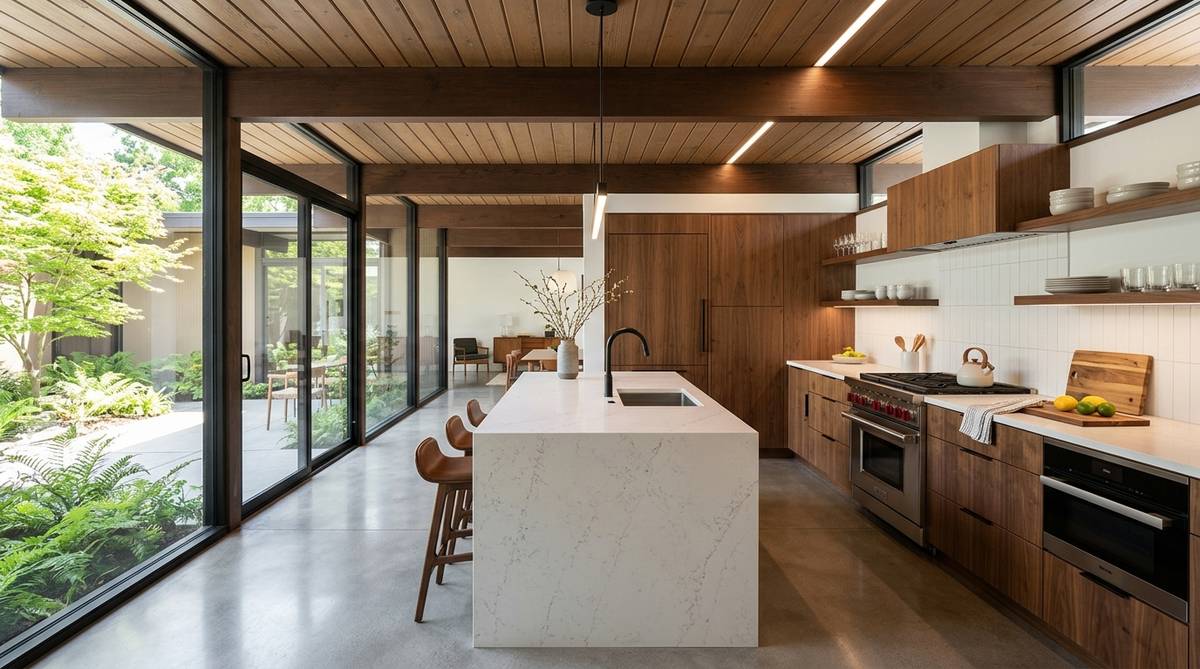 Finished Palo Alto Eichler kitchen with post-and-beam ceiling and contractor-quality details