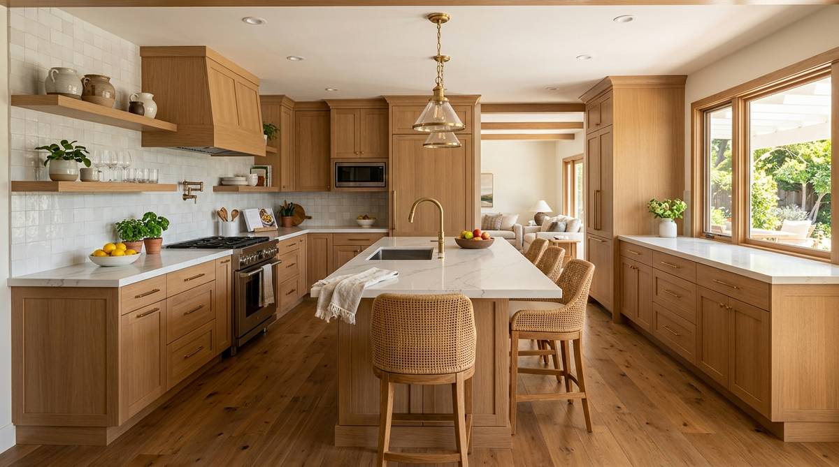 Mid-range kitchen renovation with semi-custom cabinets, island seating, and new flooring