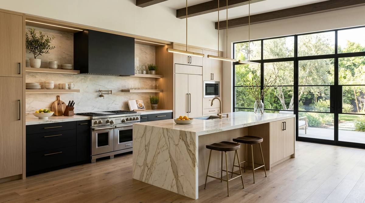 Luxury kitchen transformation with custom cabinetry, waterfall island, and professional appliances