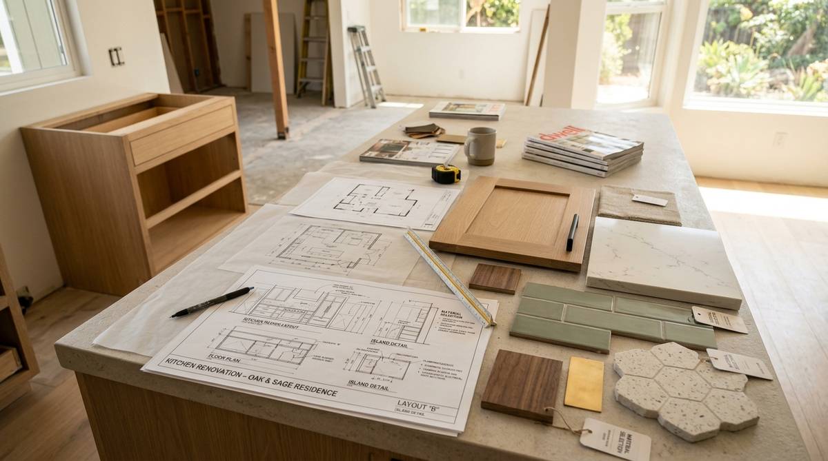 Kitchen renovation planning with design sketches material samples and layout ideas