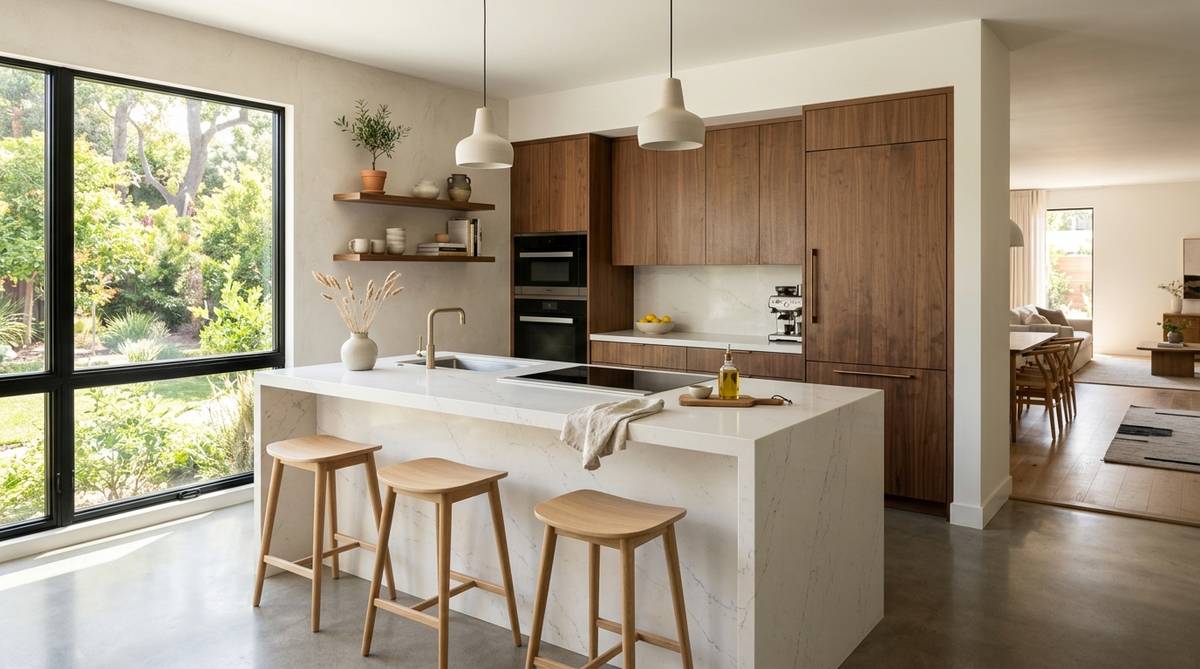 Modern kitchen with slab-front cabinets, integrated appliances, and a seamless island