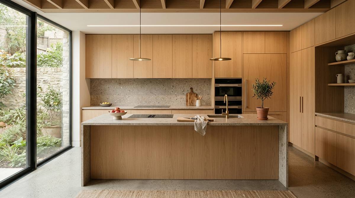 Sustainable modern kitchen with durable natural materials, slab cabinets, and energy-efficient integrated appliances