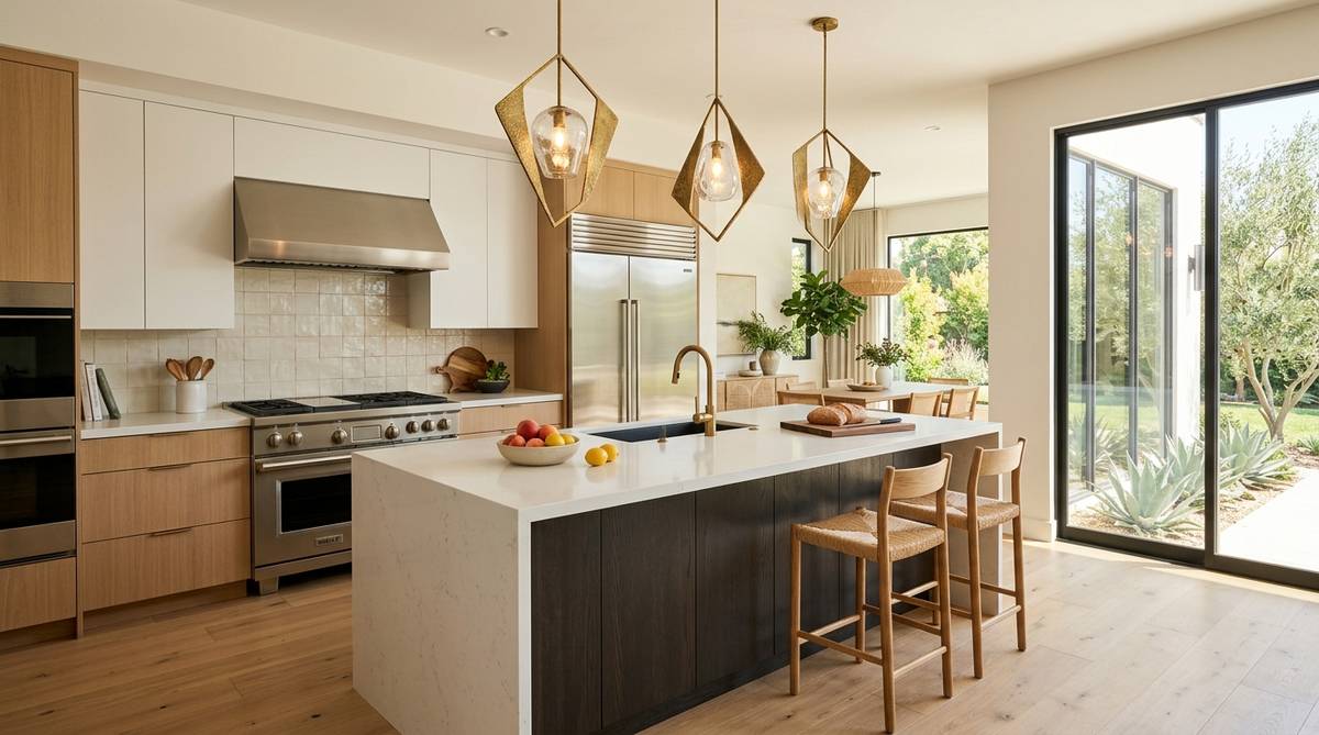 Modern kitchen with sculptural statement pendant lighting over a large island