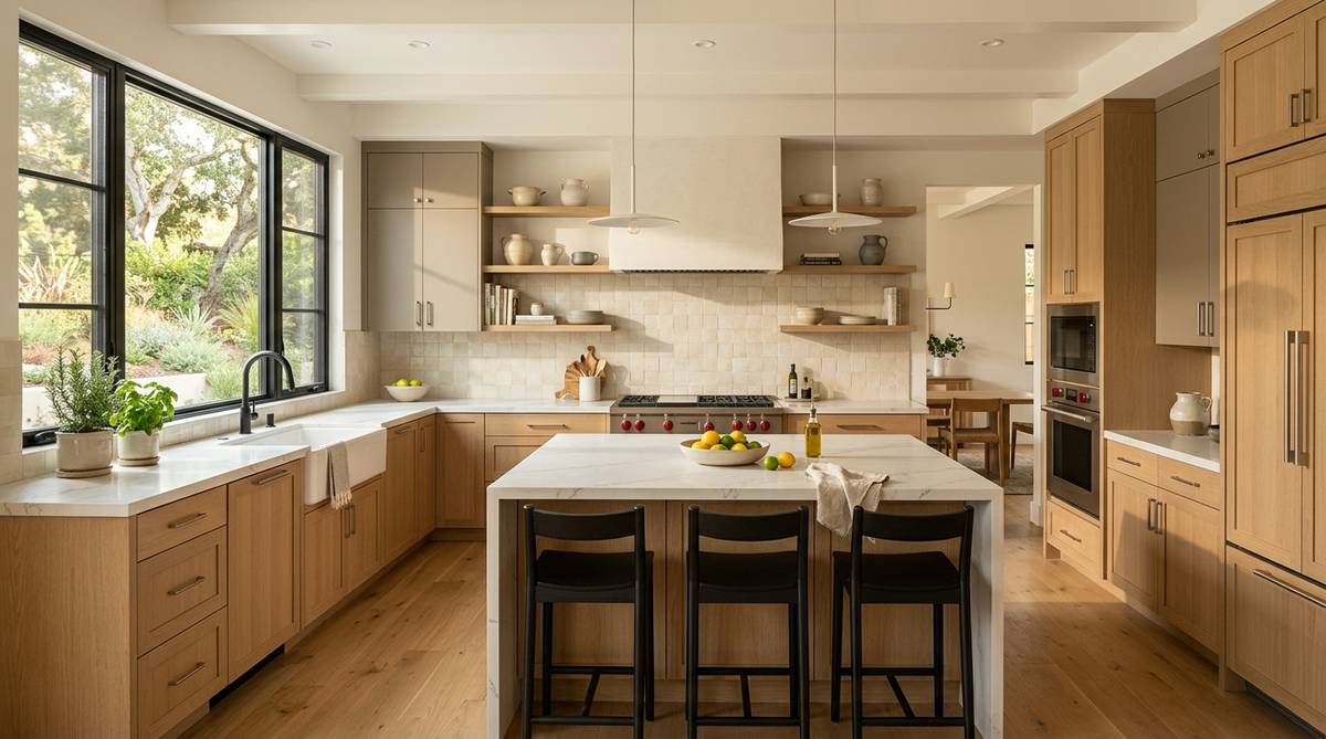 Modern kitchen with warm neutral palette, natural wood finishes, and quartz countertops