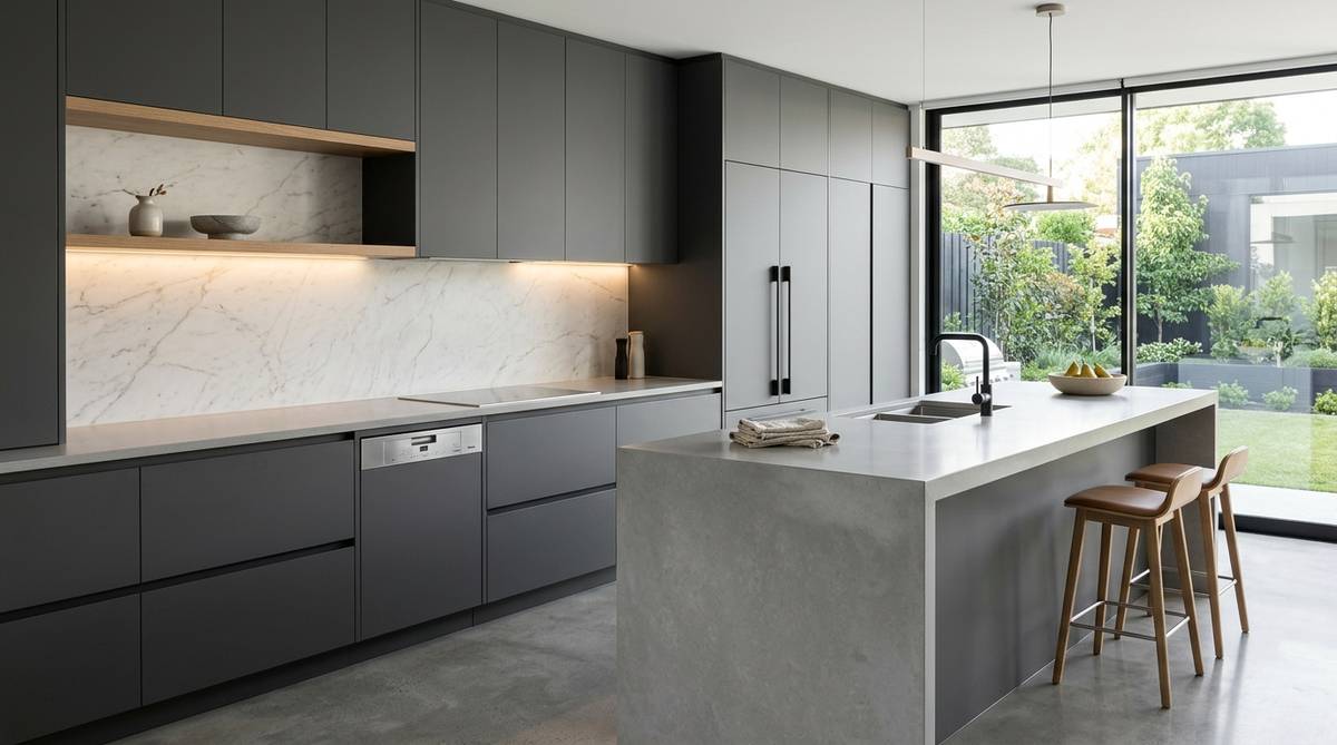Modern kitchen with integrated panel-ready refrigerator and dishwasher, slab cabinets, and sleek minimalist styling