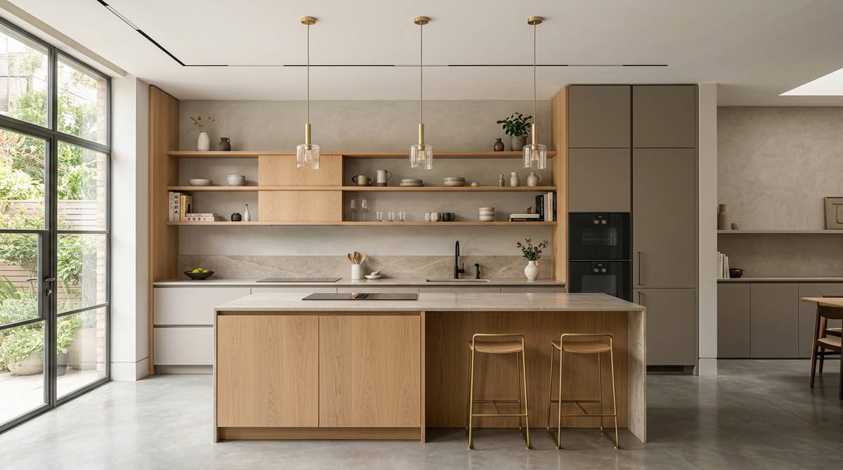 Modern kitchen with curated open shelving accent, slab cabinets, and warm minimalist Bay Area styling
