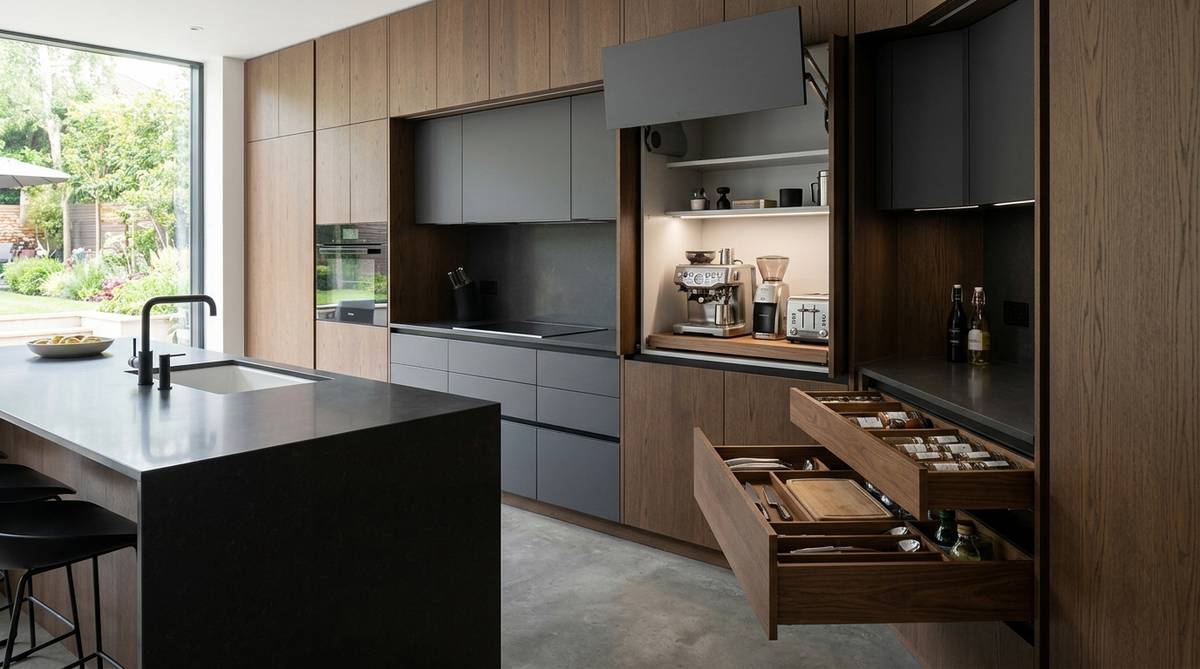 Modern kitchen hidden storage system with integrated organization drawers and appliance garage details