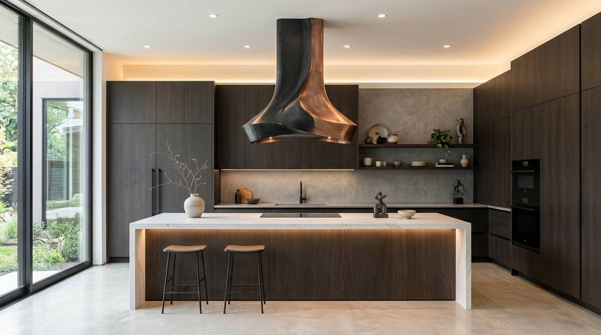 Modern kitchen with a sculptural statement range hood, slab cabinetry, and minimalist luxury finishes