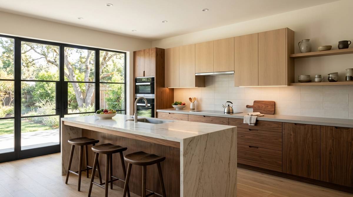 Modern two-tone kitchen with light slab uppers, warm wood lowers, and integrated appliances