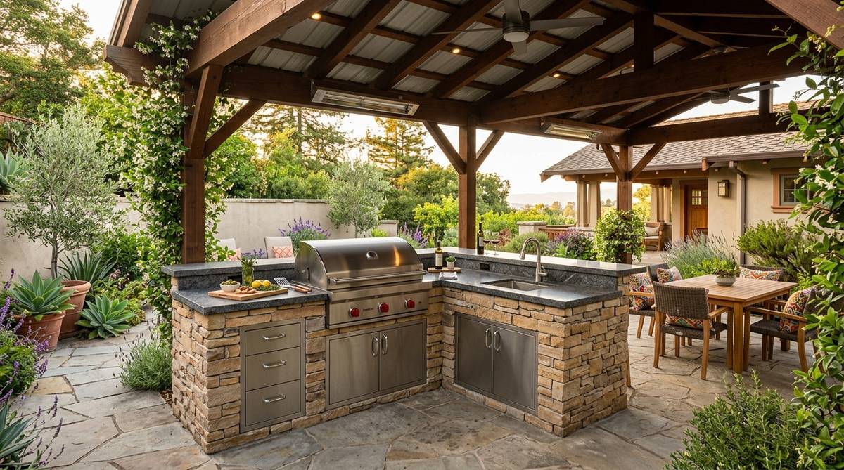 Outdoor kitchen cost tier example with built-in grill station and covered California patio