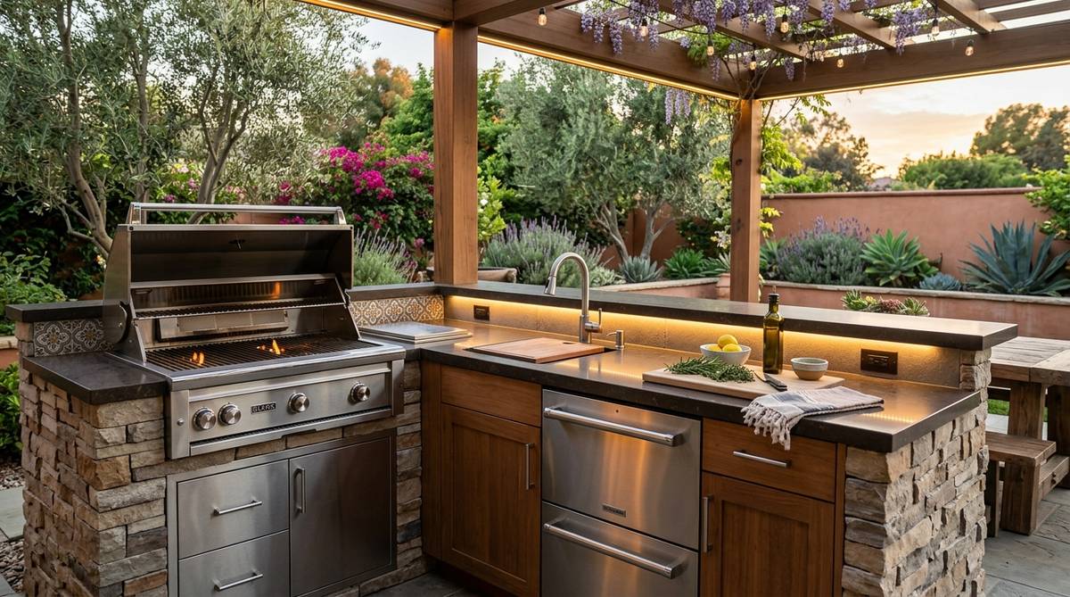 Outdoor kitchen components with built-in grill sink refrigeration and prep counter in a Bay Area backyard