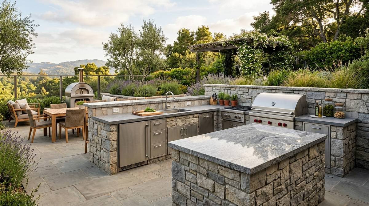 Outdoor kitchen countertop materials with porcelain and granite surfaces in a California backyard design