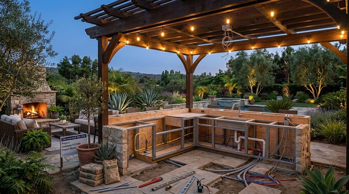 Outdoor kitchen construction with gas line sink plumbing lighting conduit and pergola framing in a California backyard