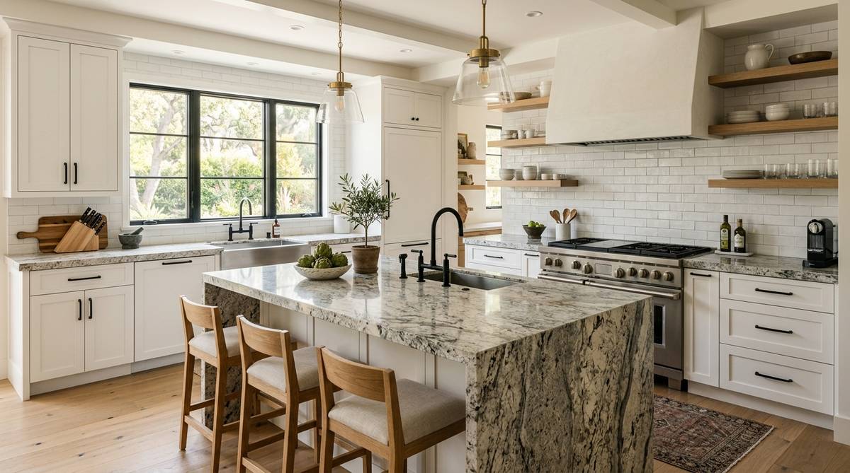 Natural granite countertops with visible stone movement in a warm modern kitchen