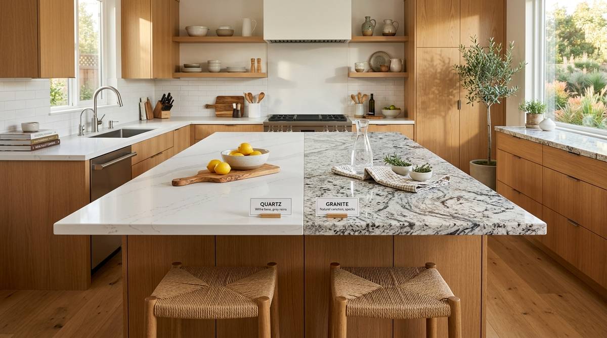 Quartz vs granite countertop comparison with side-by-side stone surfaces in a modern kitchen