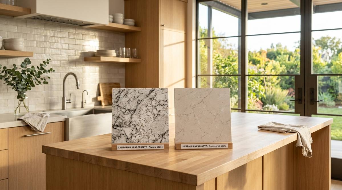 Side-by-side quartz and granite countertop samples in a modern kitchen