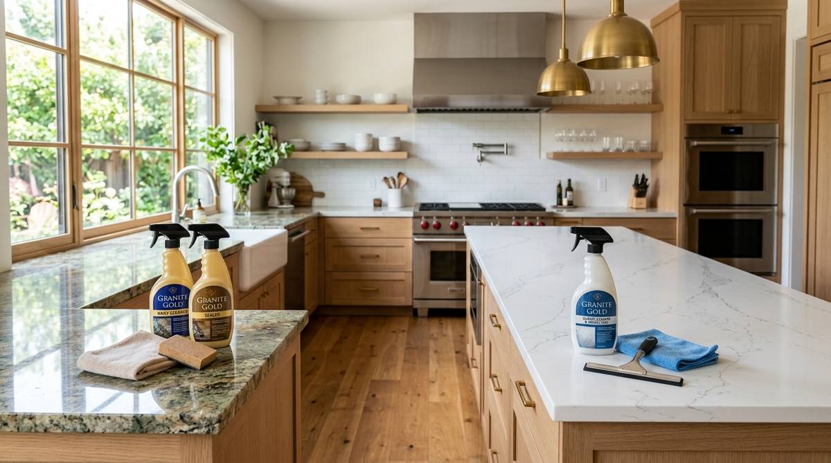 Quartz and granite countertop maintenance setup with cleaning and sealing tools