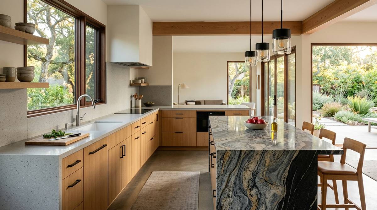 Quartz and granite countertop appearance comparison with natural movement and consistent veining