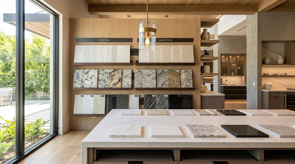 Countertop selection scene with quartz and granite options in a modern showroom