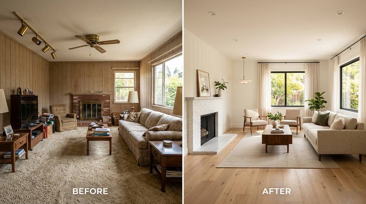 Remodel vs renovation example showing a Bay Area room refreshed without changing the layout