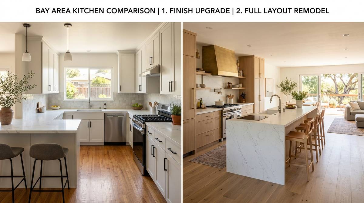 Remodel vs renovation cost comparison with Bay Area kitchen upgrade versus full layout change