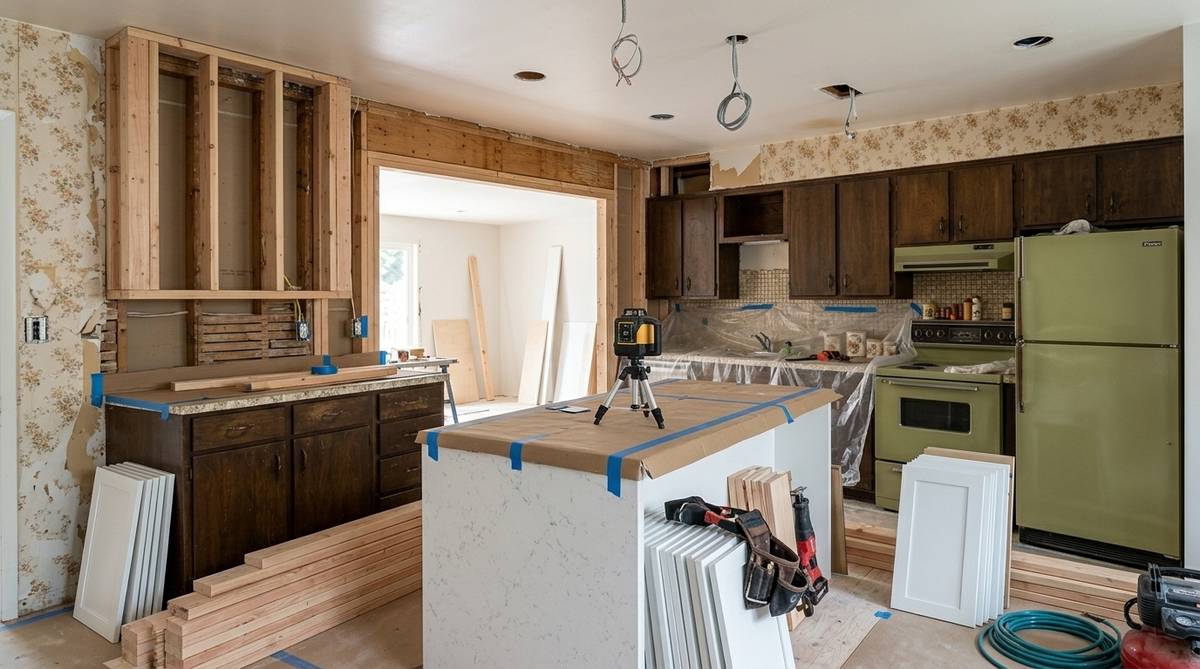 Bay Area home remodel with framed wall opening and active construction phase showing structural layout change