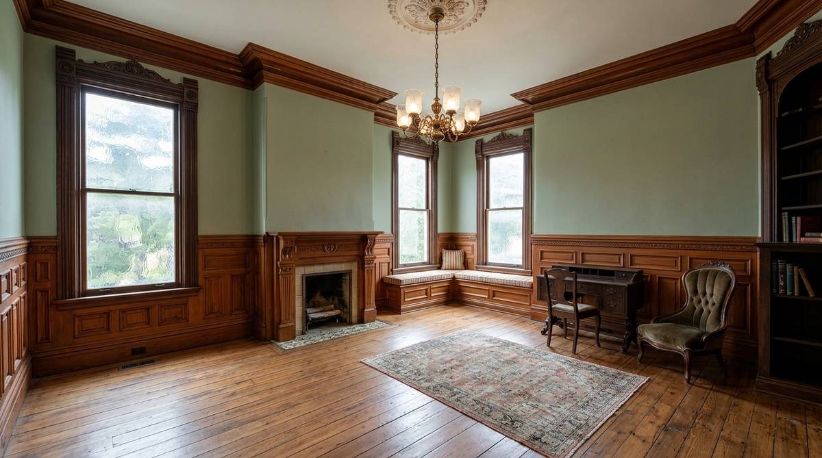 Restored Bay Area room with preserved trim original wood flooring and period-correct finishes