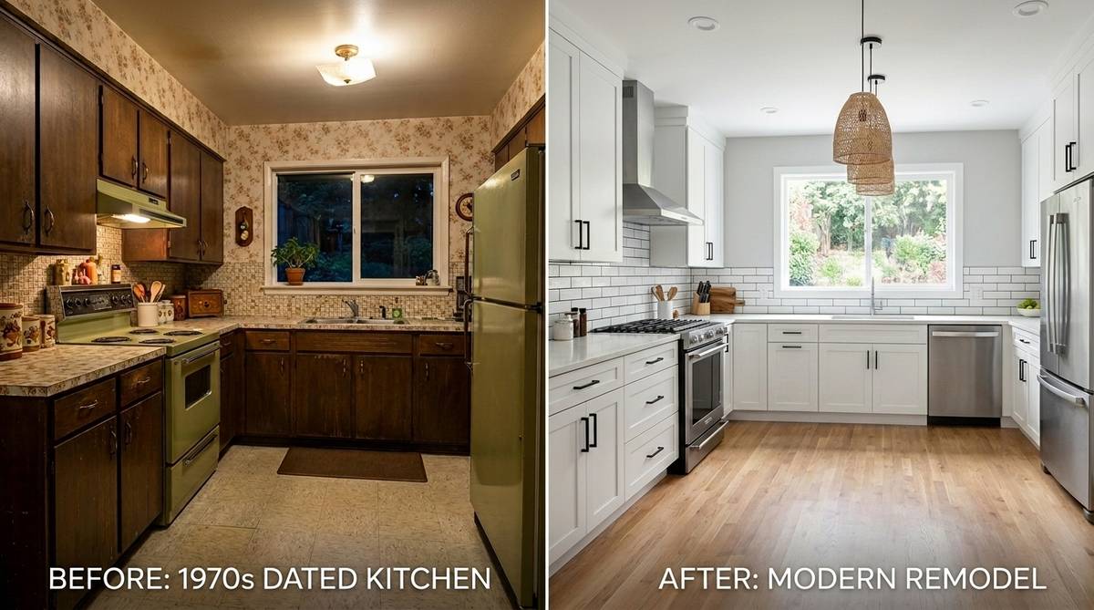 Before-and-after style comparison showing renovation refresh on one side and full remodel layout change on the other