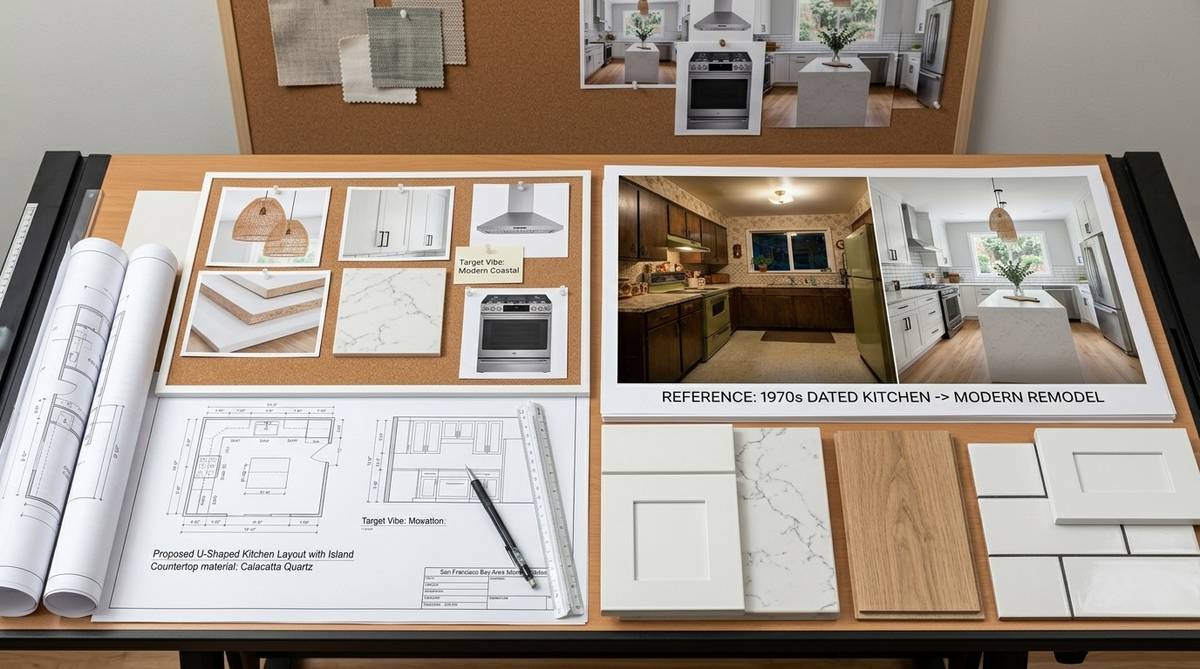 Remodeling decision framework scene with Bay Area floor plans finish samples and kitchen concept boards