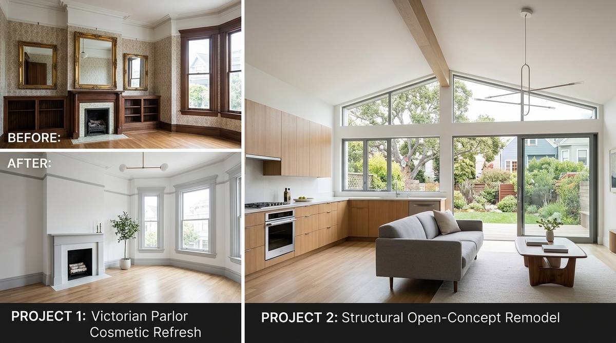 Two Bay Area home projects side by side showing a cosmetic renovation result and a structural open-concept remodel