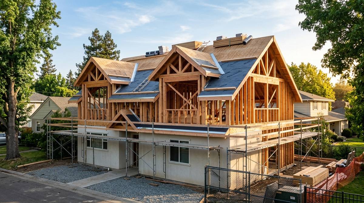 Second story addition under construction with framing, roofing prep, and structural buildout