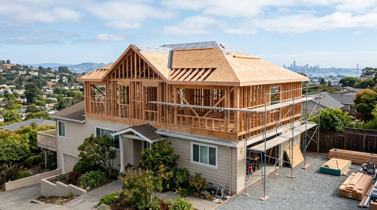 Second-story addition framing and roofing work on a Bay Area home with exposed framing and roof rebuild
