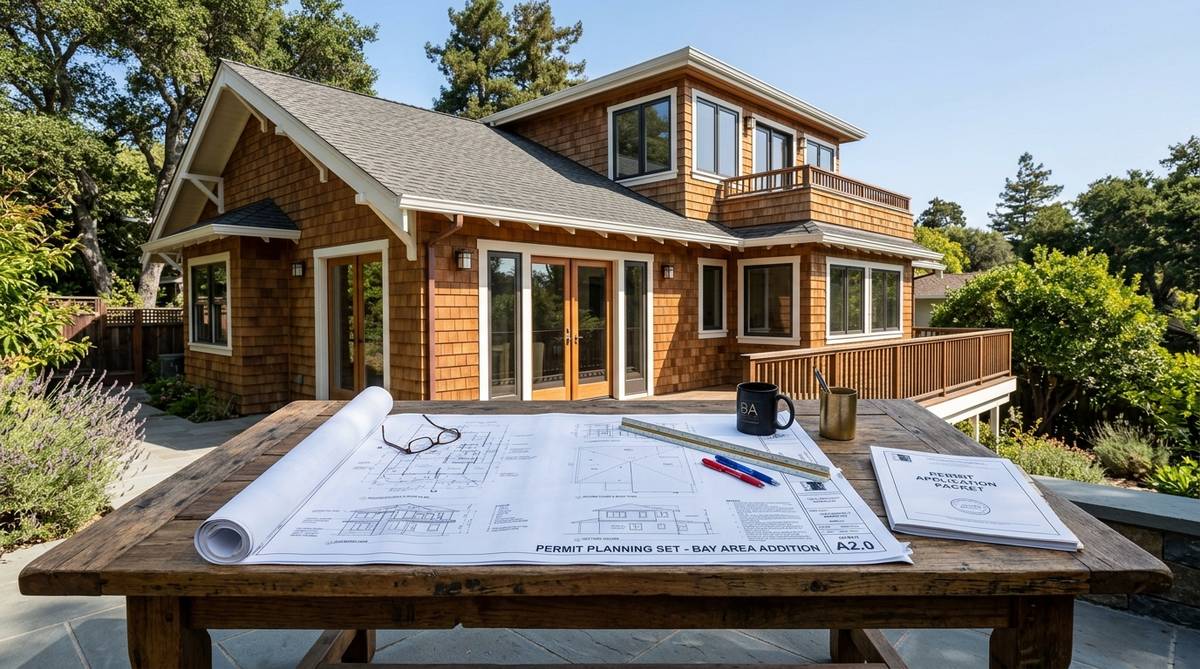Bay Area second-story addition permit planning scene with residential exterior and architectural plan set