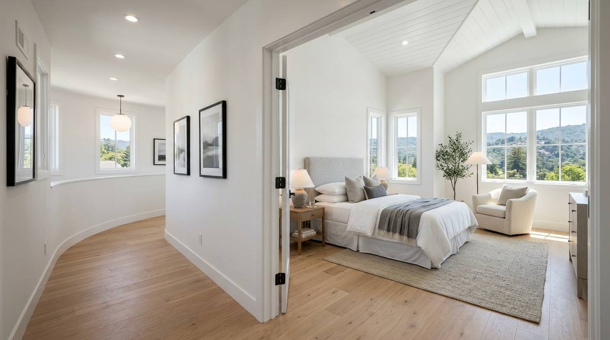 Completed second-story addition interior with bright upper-floor bedroom and hallway in a Bay Area home