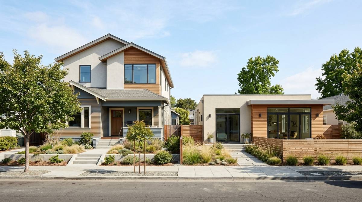 Architectural comparison of a vertical second-story addition and a ground-floor room addition in a Bay Area neighborhood