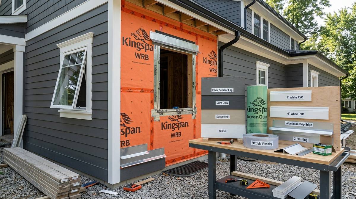 Complete siding replacement scope with weather barrier trim flashing and cladding samples