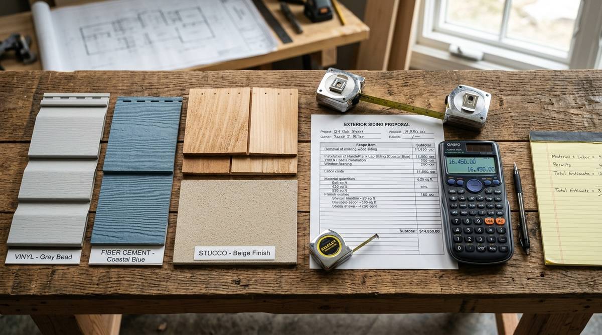 Detailed siding quote preparation with vinyl fiber cement wood and stucco samples