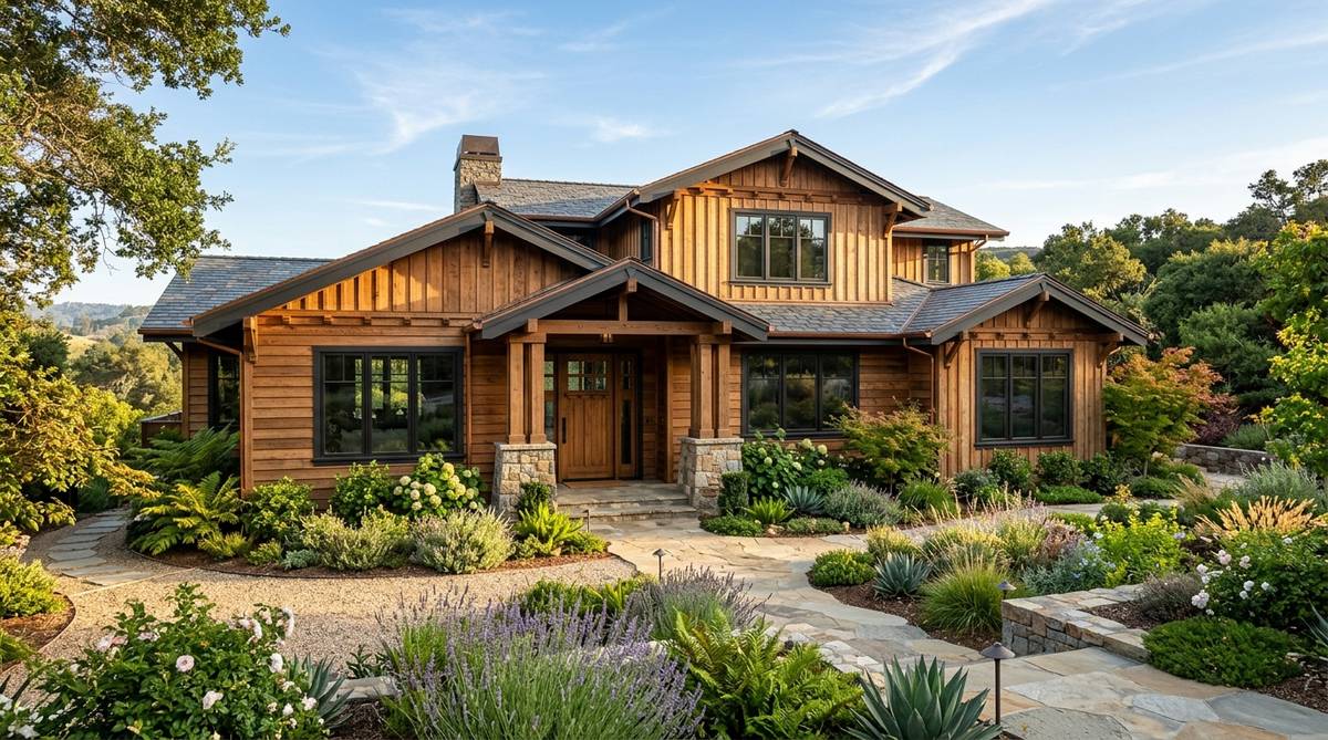 Natural wood siding on a premium California home with rich cedar texture and warm exterior detail