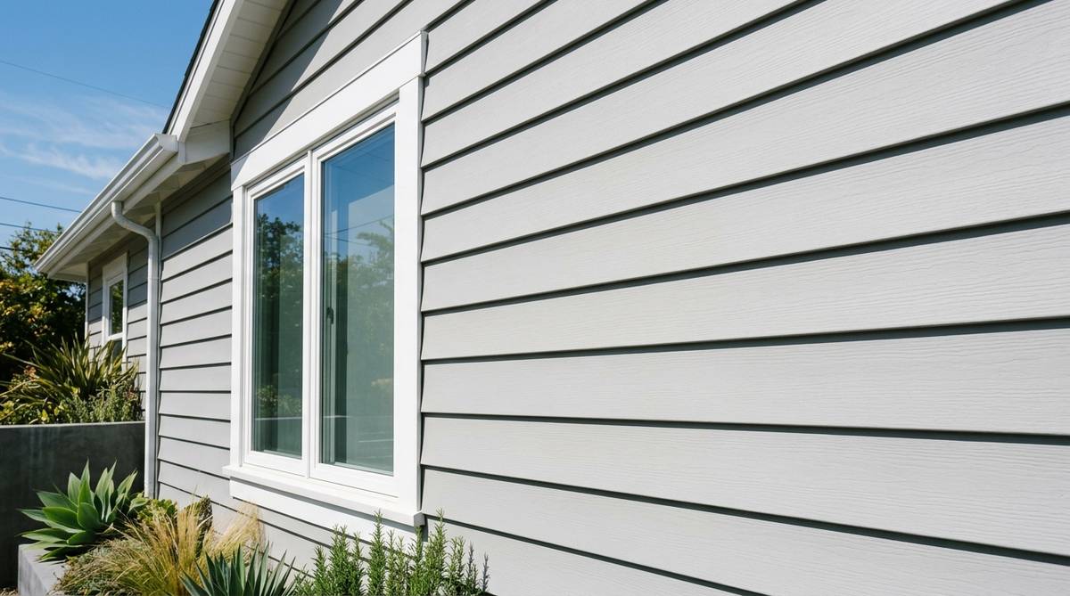 Vinyl siding close-up on a California home with crisp horizontal panels and trim detail