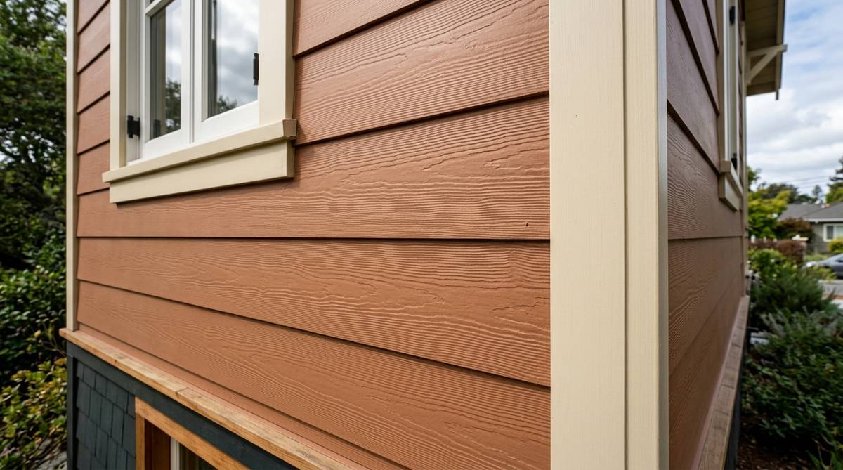 Engineered wood siding close-up with warm painted finish on a Bay Area home