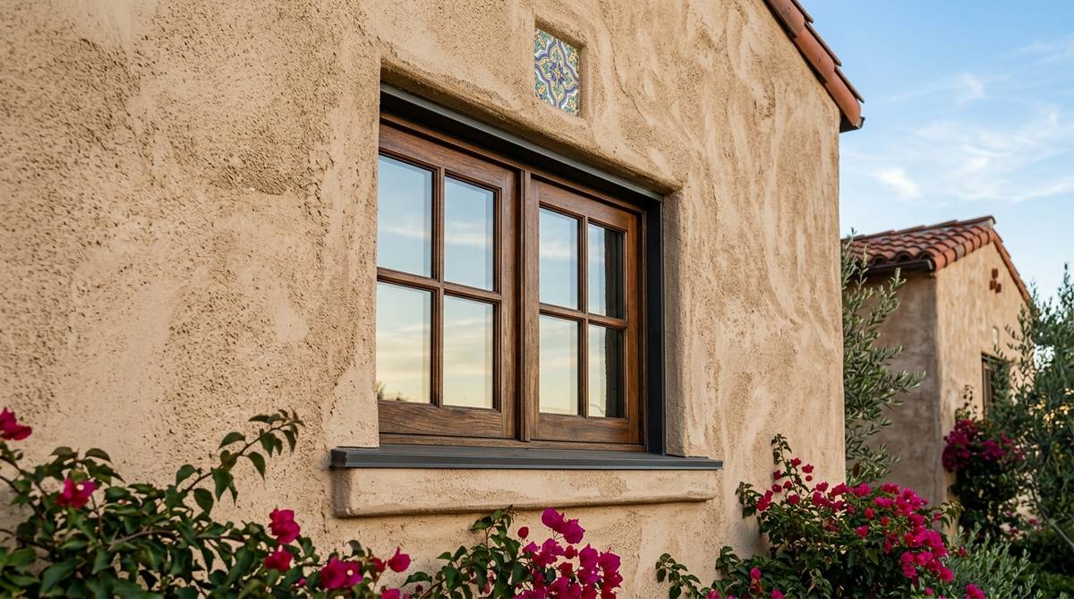Stucco siding close-up on a California home with textured finish and clean detailing