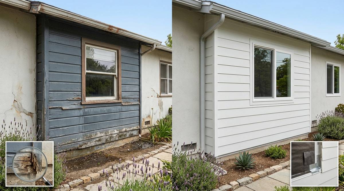 Damaged siding versus replaced siding comparison on a California exterior