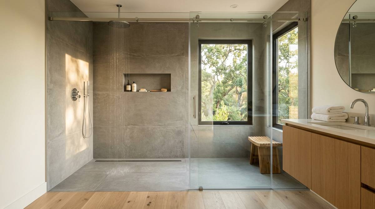 Walk-in shower ideas with curbless entry, frameless glass, and large-format tile