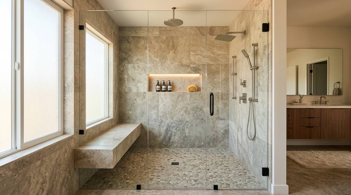 Walk-in shower cost summary example with frameless glass enclosure, built-in bench, and dual showerheads