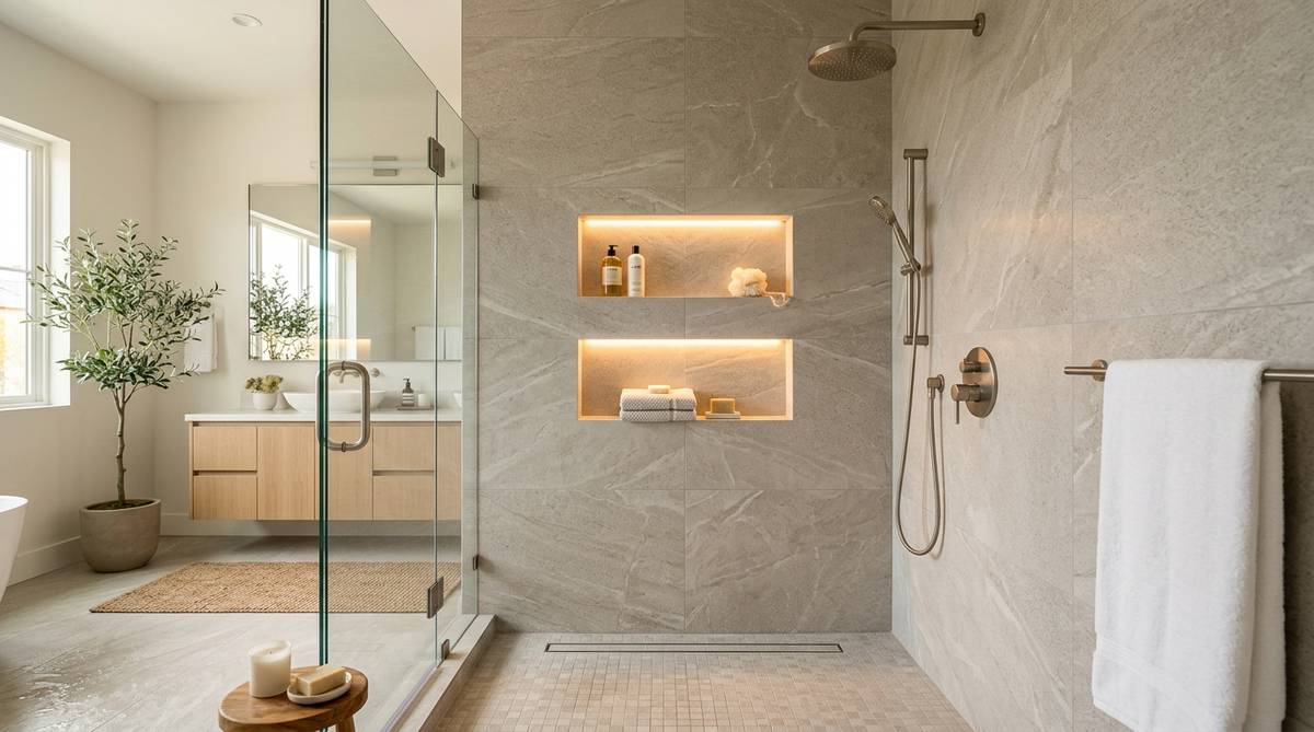 Custom walk-in shower with premium tilework, recessed niche lighting, and thick glass panels