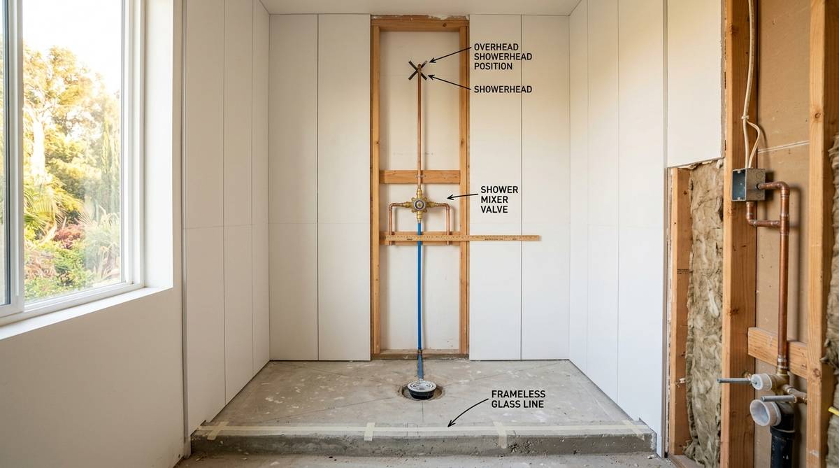 Walk-in shower plumbing layout with frameless glass planning and valve positioning