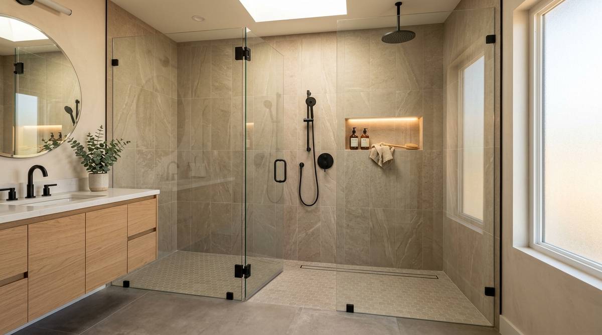 Completed walk-in shower remodel with frameless glass and spa-style tile design