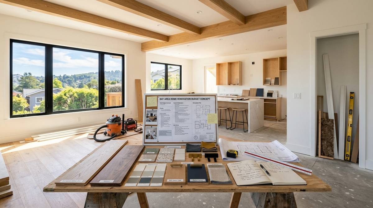 Whole home renovation cost breakdown in a Bay Area open-plan interior with coordinated finishes
