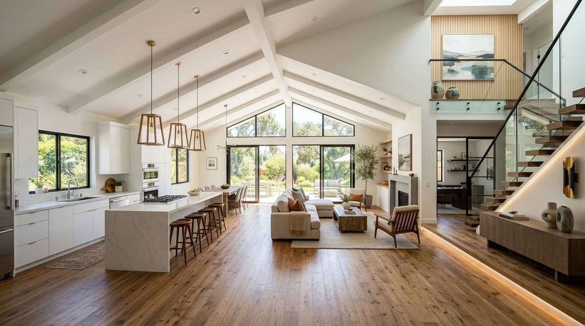 Large Bay Area whole-home renovation with coordinated finishes across multiple completed rooms in an open layout