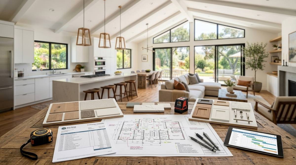 Whole-home renovation planning scene with contractor estimate materials boards and Bay Area interior background